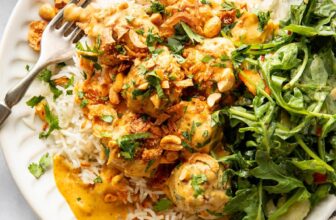 Yellow Curry Meatballs with Peanut Shallot Crispies Recipe